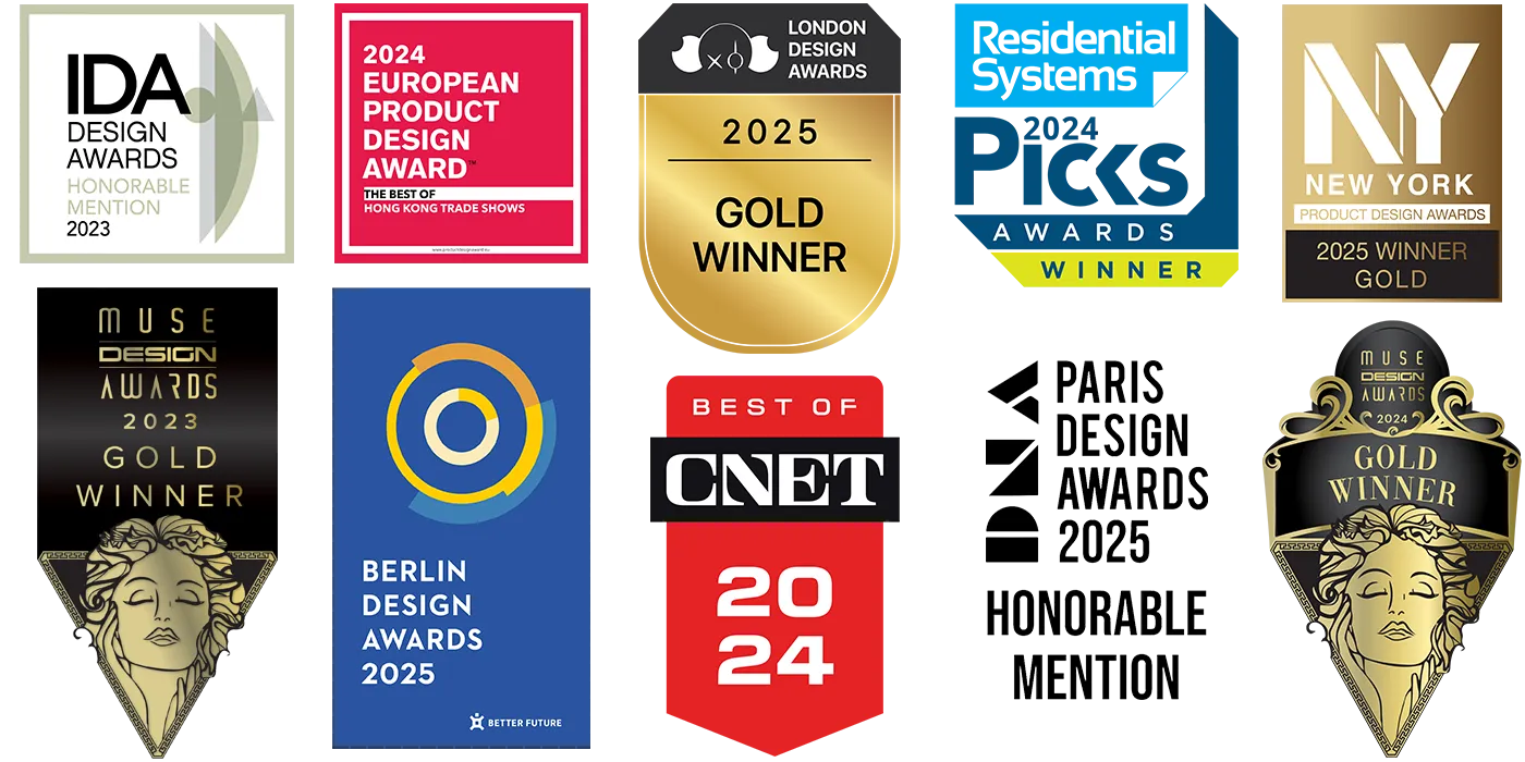 ภาพรวมโลโก้รางวัลสากลของแบรนด์ Reolink ทั้งฝั่ง Media Awards และ Design Awards